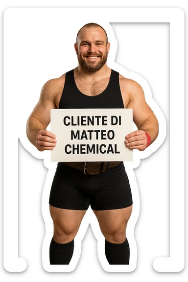 Powerlifter con in mano una targa o un foglio con scritto "Cliente di Matteo Chemical" sticker