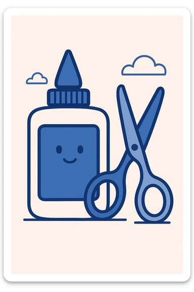 a glue bottle and scissors, flat blue illustration style sticker