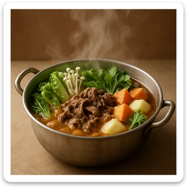a hotpot, steaming, with vegetables and meat, in a round pot, appetizing, simple background sticker