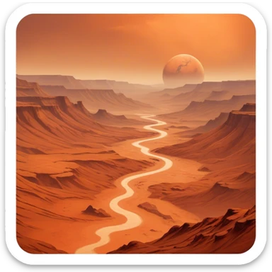 Cinematic Realistic Mars, portrayed with rugged, rust-colored landscapes, deep canyons, and swirling dust storms rendered with lifelike texture and an orange-hued glow that evokes the enigmatic allure of the Red Planet. sticker