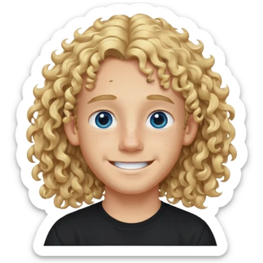 blonde boy with long curly hair past his ears, smiling, wearing a black shirt with freckles and blue eyes sticker