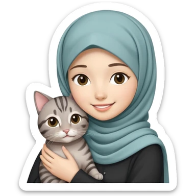 Asian white girl wearing cute hijab holding a black grey tabby cat while smiling sticker