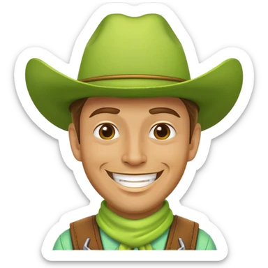 Cowboy face with a large lime green hat and a grin sticker