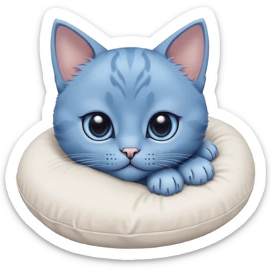 The head of a blue kitten with large eyes, resting on its big paws. The paws are placed on a pillow. Minimalist design with no detailed features, focusing on the kitten's adorable face and large paws sticker