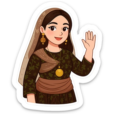 Kurdish cartoon sticker of the same woman in the new dress, waving hand for hello, friendly smile, no text, transparent background sticker