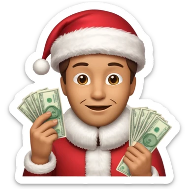 A confident rich emoji face wearing a Santa hat, money stacks, casino vibe, New Year theme, premium 3D emoji style, sharp details, no text, isolated on transparent background sticker