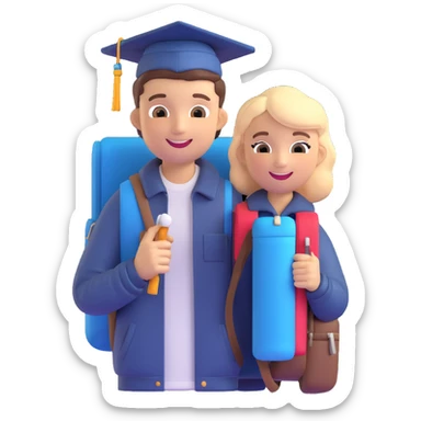 memoji of a college student, smiling, casual clothes, holding a backpack, friendly expression, wearing a graduation cap sticker