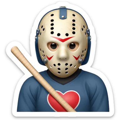 a cartoon image of Jason Voorhees, looking cute, with his hands clasped in front of him, at a sideways angle, looks like he is in love sticker