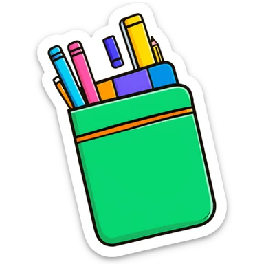 Cute school supplies including colorful pencil case, notebook, pens, and markers sticker