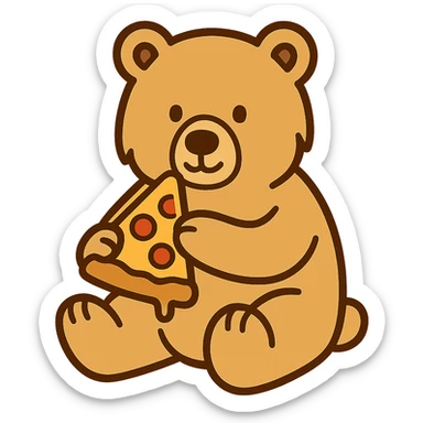 flat toon style blonde grizzly bear sitting, full body, holding a slice of cheese pizza sticker