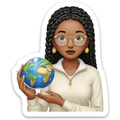a young woman wearing fine gold round glasses and black hair in several box braids, no earrings, she has light black skin, and she's wearing a white shirt with a black quarterzip. She's holding a globe in one hand sticker