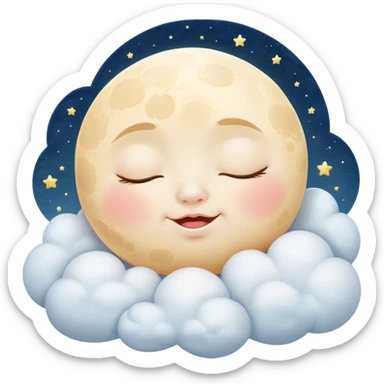Cinematic adorable moon with a sleepy face, round and chubby, soft glowing light, tiny rosy cheeks, resting on a bed of fluffy clouds, dreamy and peaceful. sticker