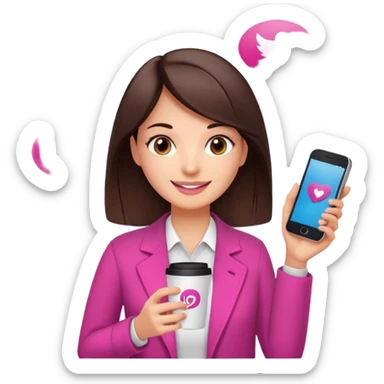 Social media manager. She has dark brown hair, brown eyes, a friendly smile. She is holding a smartphone and a coffee cup. Include subtle marketing elements like small icons of hashtags or a speech bubble, instagram logo. Use vibrant colors with a focus on pink and fuchsia tones. sticker