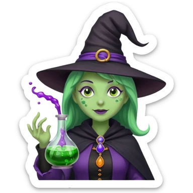 Witch with Green Skin – long-nosed witch in black hat holding potion sticker