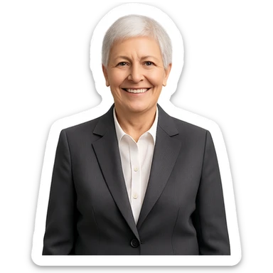 72-year-old professional woman, neat suit, smiling, short hair, friendly impression sticker