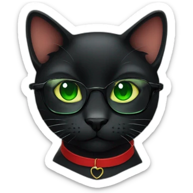 Black cat with glasses and red choker and green eyes sticker