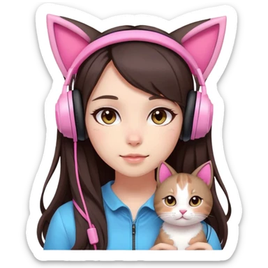 gamer girl with long dark brown hair, light skin, big brown eyes, cute, pink headset with cat ears, blushing softly and naturally, beautiful sticker