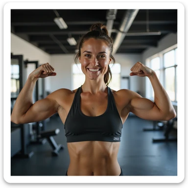 hyperrealistic 4K image of a woman showing her defined biceps with a proud smile, wearing sportswear, energetic gym atmosphere, detailed fitness progress sticker