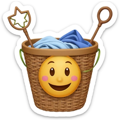 Laundry basket with magic wand and eyes and a mouth sticker