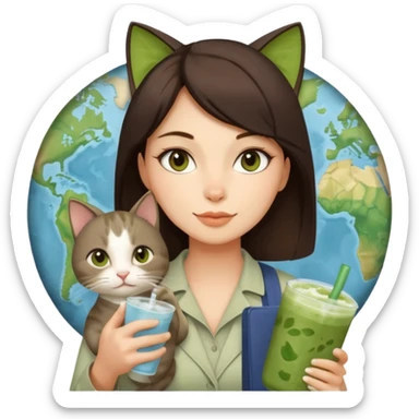 a brunette woman in here 30S drinking an iced matcha, carrying a grey cat and a map of the world sticker