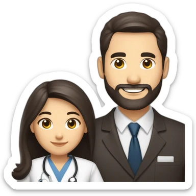 husband american age 55 dark brown hair trimmed beard wearing business suit pastor holding bible, wife asian age 55 black shoulder length hair wearing nurse uniform, no children sticker