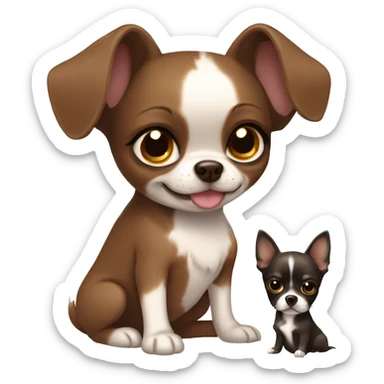 Girl with dark brown hairs, brown eyes with dog chihuahua gold, eyes brown hugs  sticker