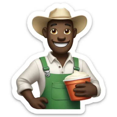 cow dressed as a farmer holding a container of cream, smiling sticker