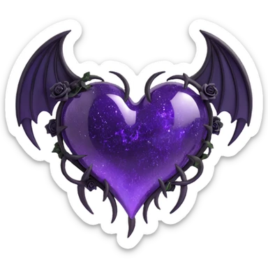 3D emoji gothic heart, purple glass, crescent moon, black roses, devil wings, iridescent stardust, white lightning, glossy rain effect, fractured glass texture sticker