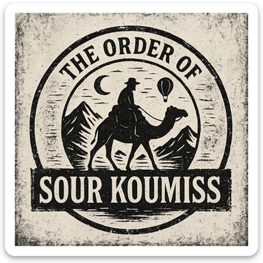 A grunge-style 90s logo for 'The Order of Sour Koumiss' with distressed edges and a mysterious travel theme, black and white sticker