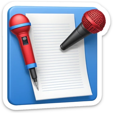 iconography design suitable for emoji reaction; pixel art: white document with a folded top-right corner and horizontal lines, outlined in a brick pattern. At the top center of the document is an icon indicating ai. In front of the document a microphone icon sticker