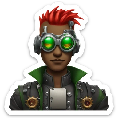 Male cyborg with thin red Mohawk and green steampunk goggles sticker