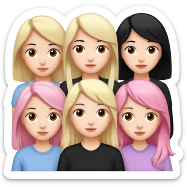 Girlfriend emoji - 5 white girlfriends, two with black hair, one with medium blonde hair, one with  pale pink hair,  sticker
