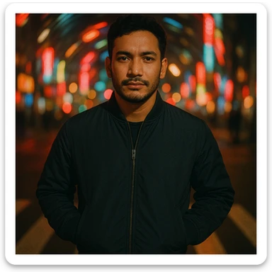 Create a cinematic night photo of a Southeast Asian man in his early 30s with medium tan skin, standing in a crosswalk with city lights and neon signs swirling in spiral blur. The man has hands in pockets, wears a dark bomber jacket, and has a confident and calm expression. Soft flash on face, urban nightlife, 35mm film look. Use the reference image for face. sticker