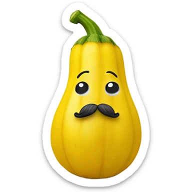 yellow squash with a happy face and feet and legs and a mustache sticker
