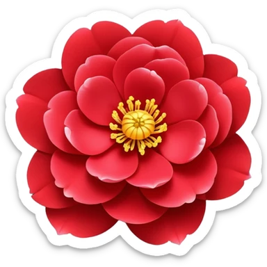 red Japanese camellia flower with layered petals and yellow stamen, flat design sticker