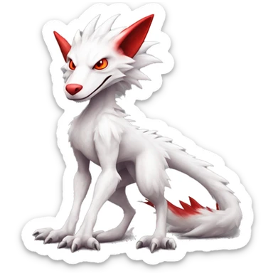White edgy cute badass epic anthro modern albino sergal-vernid-Fakémon with red mane and red eyes with red edgy stripes, full body sticker