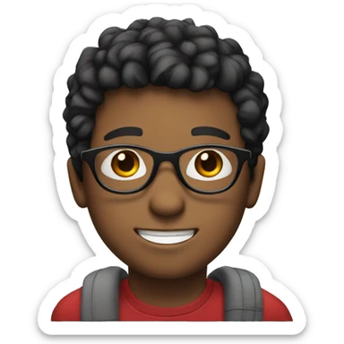 Smiling white boy with glasses with glasses short black hair and red shirt sticker