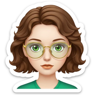 woman with pale skin, brown wavy hair, green eyes, gold glasses sticker