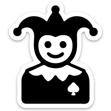 crazy colorful cute little cat jolly joker from poker, medieval, vintage, court jester, mac os icon, purple, gold and red color, head + torso. Squared shape as 3D mac os icon, symmetrical sticker