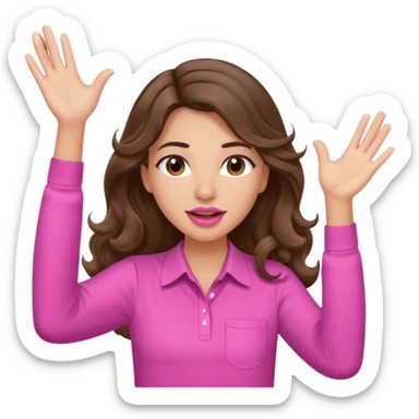 girl with long wavy brown hair, brown eyes, light to medium complexion, in a pink shirt, pink lips, long lashes, puckered lips, both hands all the way upin the air cheering sticker