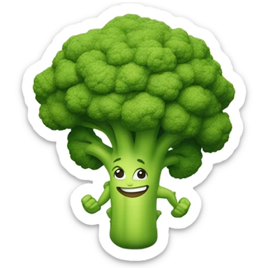 Generate a cartoonish broccoli emoji flexing its muscular arms with a confident smile. sticker