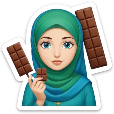 Turkish beautiful finish Konya girl blue eyes with green and blue hijab islamic dress and had on her hand Dubai chocolate  sticker