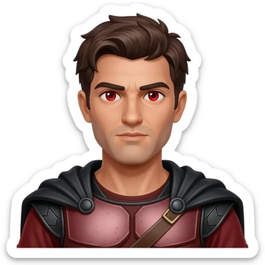 Mars from Roman Mythology with red eyes, dark brown hair , dark red metallic tunic, black metallic cloak sticker