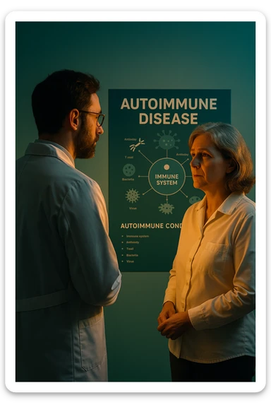 Realistic, detailed photo taken from behind of one doctor e un paziente —a bearded man and a middle-aged woman—standing and facing each other as they discuss an autoimmune disease diagnosis in front of a medical chart that displays information about the immune system and autoimmune conditions. The scene is illuminated by a yellowish, orange, warm light that softly envelops the doctors. The entire room is bathed in a single green-blue color, creating a cohesive and modern atmosphere. Both doctors wear white coats, and their body language suggests a serious, professional conversation about the complexities of autoimmune diseases. Shot with a Canon EOS R5, with high detail and natural depth of field. in italiano sticker