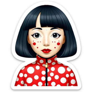 Yayoi Kusama – Cinematic Realistic Portrait of Yayoi Kusama, depicted as an avant-garde artist with an eccentric, captivating expression surrounded by her iconic polka dot patterns, rendered with vivid textures and imaginative lighting that evokes her unique, surreal creative world. sticker