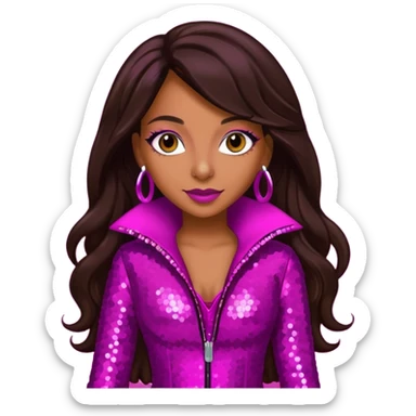 Mya, R&B Singer with dark brown long hair, meganta sequin outfit sticker