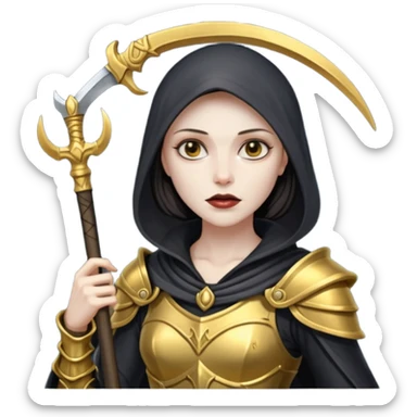 feminine grim reaper in a gold with scythe sticker