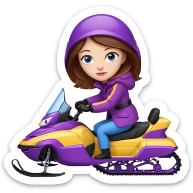 Woman, Brown hair, very blue eyes, wearing a Very red coat  on purple and yellow striped snowmobile sticker