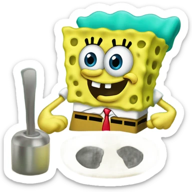 SpongeBob entering the krusty mean kitchen stocking his finger in the sponge hole that leads to his “brain” and his left eye facing left and his right eye facing right sticker