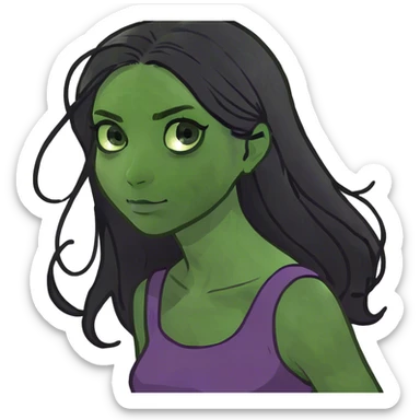 A girl wearing a purple dress, green eyes and long black hair sticker
